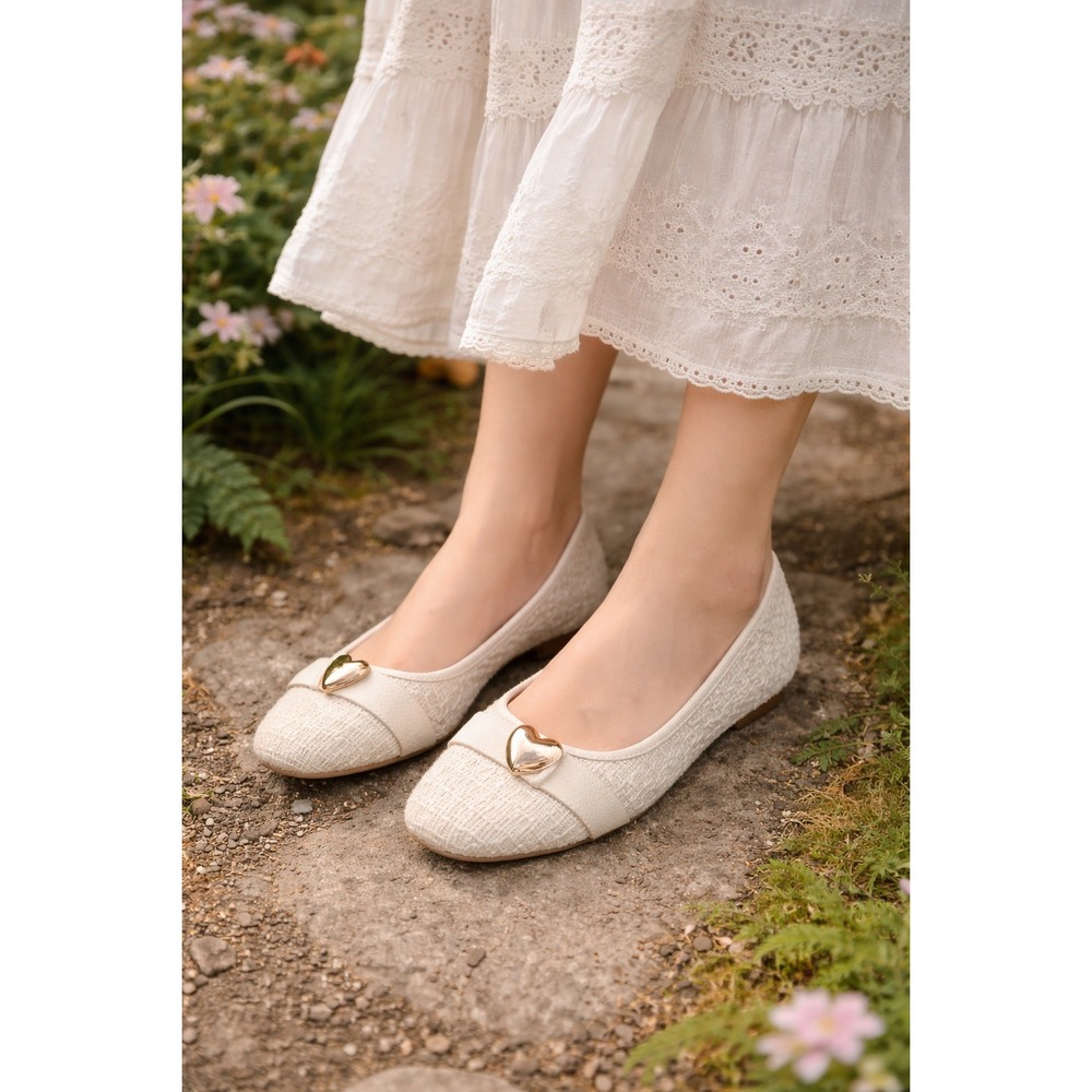 Cottagecore Career Preppy Classic‎ Cream Tweed Heart Charm Ballet Flats Shoes 8M